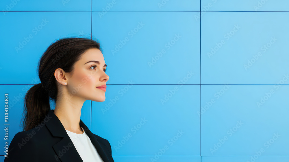 confident businesswoman stands against blue wall, showcasing professionalism and poise