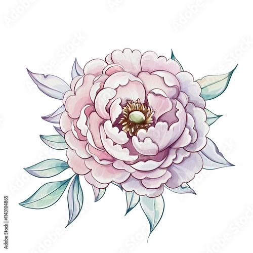 Soft pastel peony blooms gracefully among lush green leaves, embodying the beauty of springs floral splendor in a watercolor style