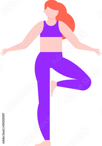 Redhead woman wearing purple sportswear practicing yoga in tree pose, promoting physical and mental well being through mindful movement and balance training