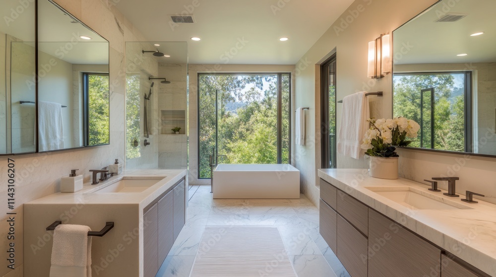 Modern luxury bathroom with large window, double vanity, soaking tub, and walk-in shower. Modern luxury bathroom with large window, double vanity, soaking tub, and walk-in shower.
