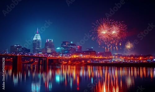Wallpaper Mural Fireworks are reflected in the skyline of a city in the US. Torontodigital.ca