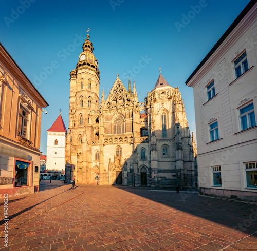 Sunny autumn cityscape of Kosice city in eastern Slovakia, Europe. Picturesque evening view of St. Elisabeth's Cathedral - the country's largest Gothic cathedral, built between 1378–1508. photo