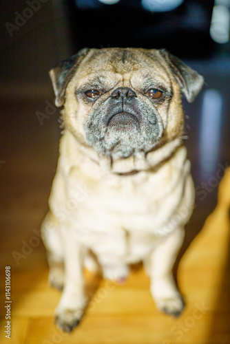 Pug looking into the light