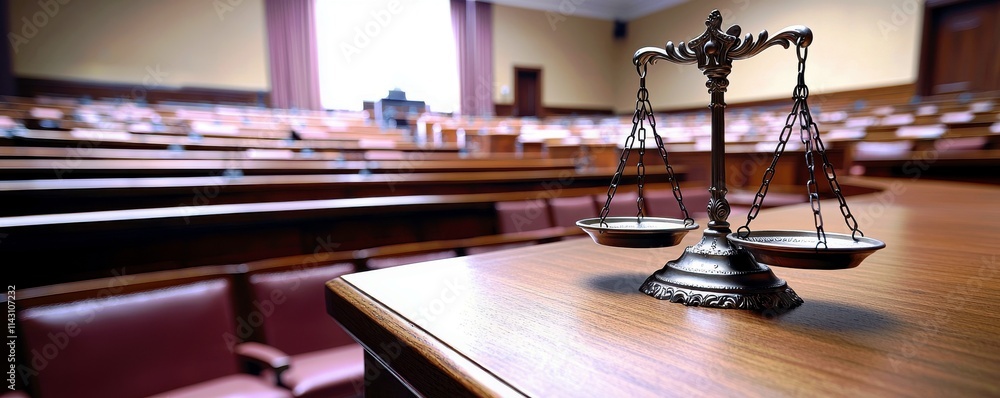 Obraz premium Justice Symbol on Wooden Desk in Empty Courtroom with Scales of Justice and Rows of Seats Highlighting Legal Environment and Judicial Process