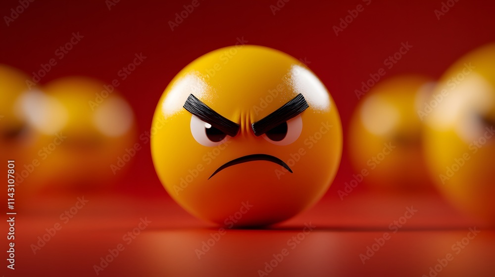 Angry face emojis with furrowed brows floating on a red background. Angry face emojis with furrowed brows floating on a red background.