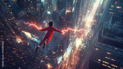 A boy superhero in a red suit flying over a busy city with lightning bolts shooting from his hands. photo