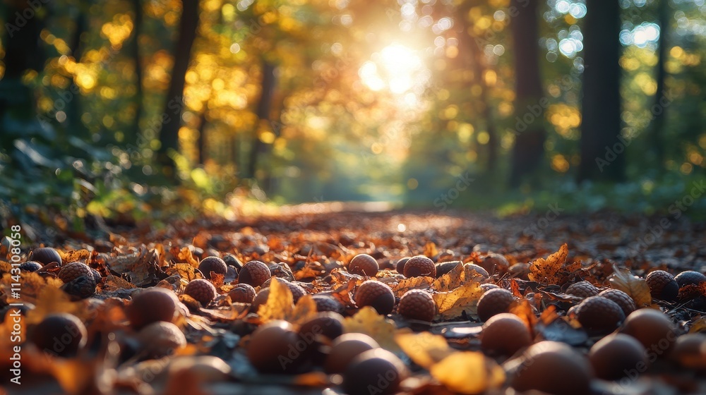 Obraz premium Forest glade with a scattering of acorns