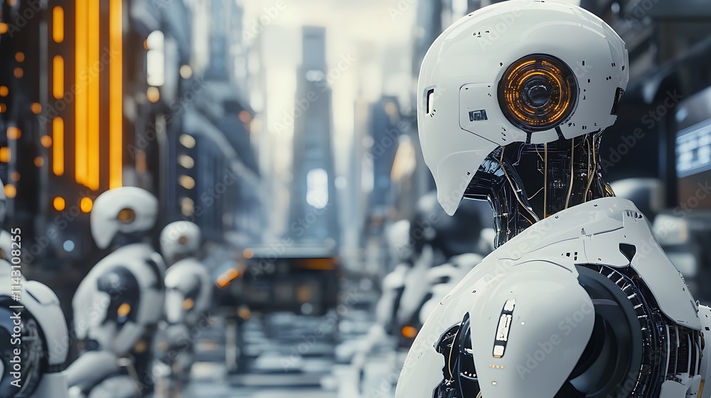 Futuristic Cityscape: Robots Walking Through a Modern Metropolis Futuristic Cityscape: Robots Walking Through a Modern Metropolis
