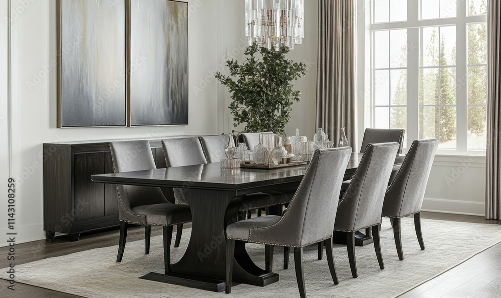 Modern dining table with a black wood top and gray chairs, in an elegant room setting with abstract art on the wall. Modern dining table with a black wood top and gray chairs, in an elegant room setting with abstract art on the wall.
