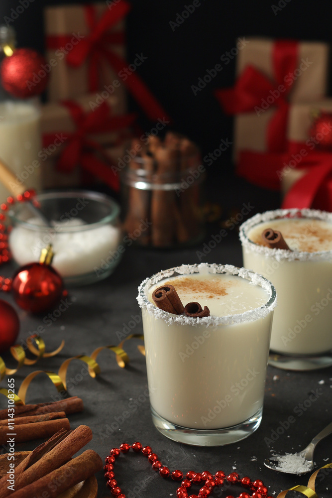 Two glasses with traditional Puerto Rico cocktail Coquito Two glasses with traditional Puerto Rico cocktail Coquito