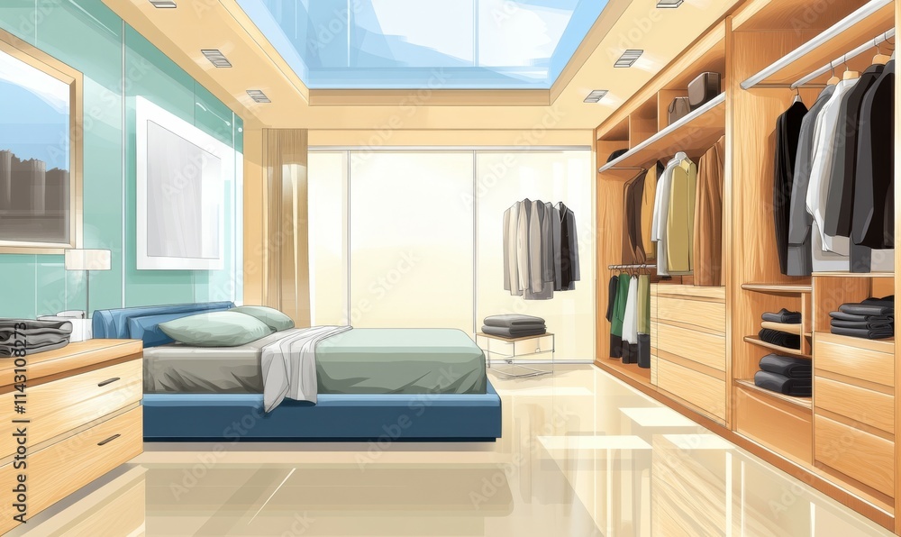 Fototapeta premium Modern luxury bedroom with walk in closet wardrobe, vanity, bathroom, open window.