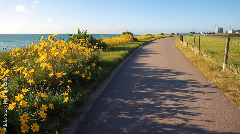 Naklejka premium Seaside cycle path with yellow flowers in S?o Jos? de Ribamar, Brazil, S?o Jos? de Ribamar, Maranh?o, bike ride