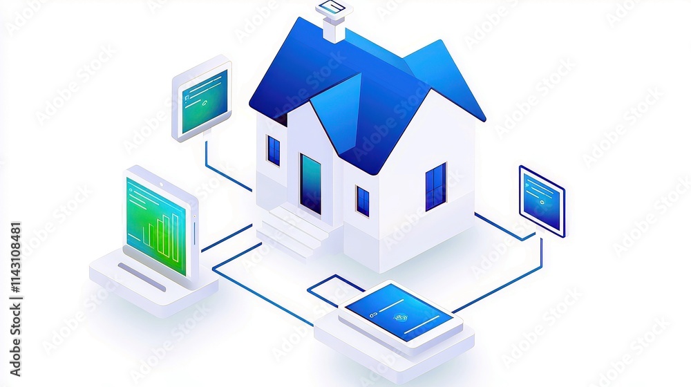 Modern Smart Home Concept with Digital Devices Connecting to House for Enhanced Automation and Visualization of Home Management Systems Modern Smart Home Concept with Digital Devices Connecting to House for Enhanced Automation and Visualization of Home Management Systems