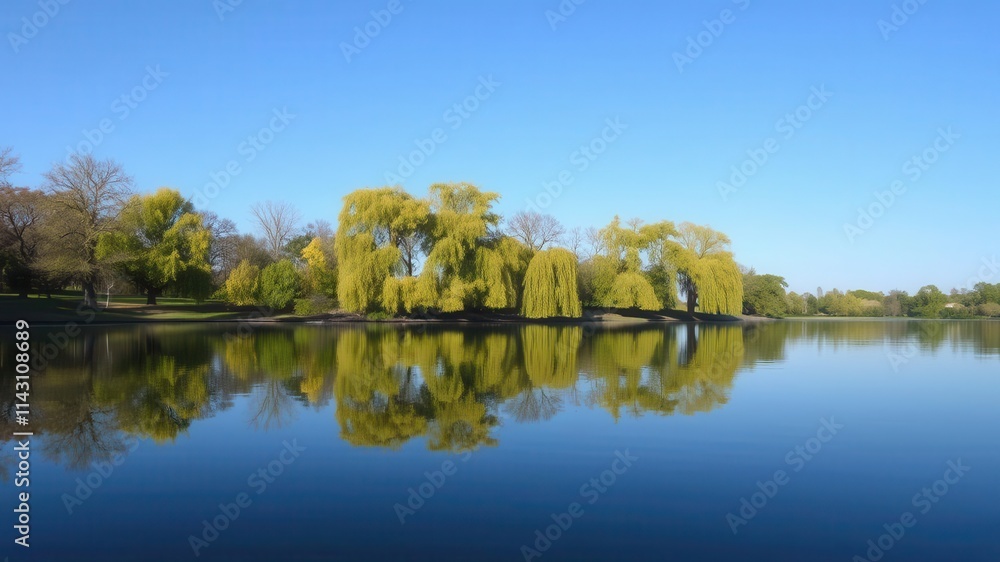 Trees reflecting on the calm blue lake surface in a tranquil park setting during summertime, blue, reflection, summertime Trees reflecting on the calm blue lake surface in a tranquil park setting during summertime, blue, reflection, summertime