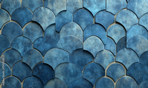 3D Tiles arranged to create a Blue Patina wall. Textured, Arabesque Background formed from Polished blocks.