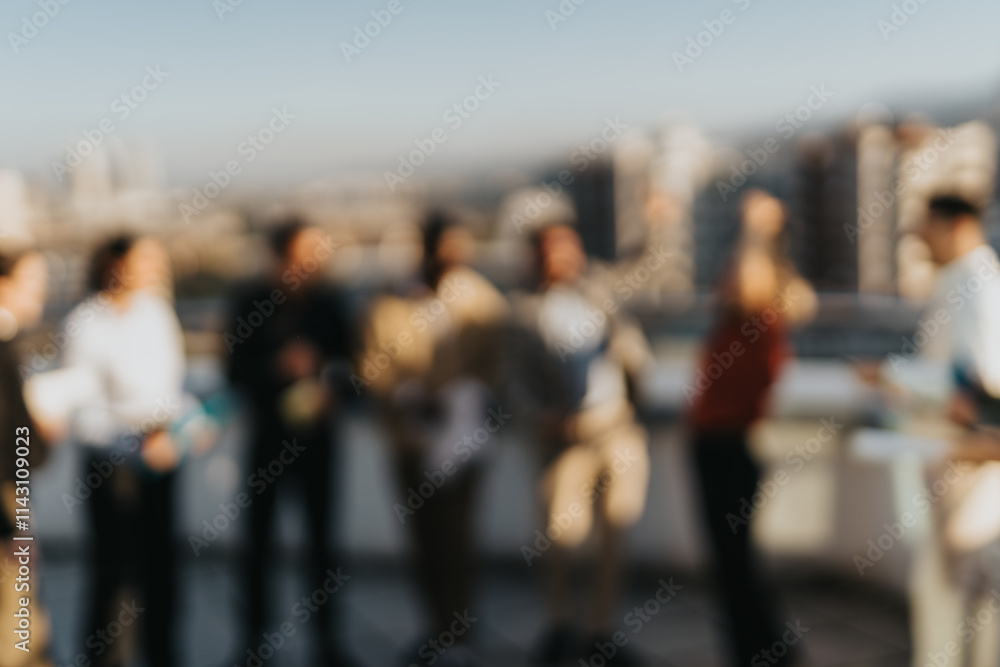 A diverse group of business people enjoying a festive break on a high-rise balcony, surrounded by a cityscape at sunset, with music and dance creating a joyful atmosphere. A diverse group of business people enjoying a festive break on a high-rise balcony, surrounded by a cityscape at sunset, with music and dance creating a joyful atmosphere.