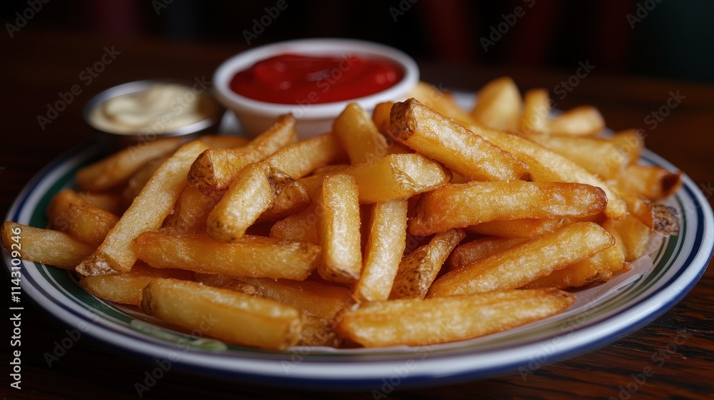 Freshly fried fries piled high on a plate, accompanied by ketchup and mayo Freshly fried fries piled high on a plate, accompanied by ketchup and mayo