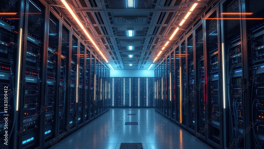 Fototapeta premium Data center server room with rows of equipment and cables, technology, cables, IT