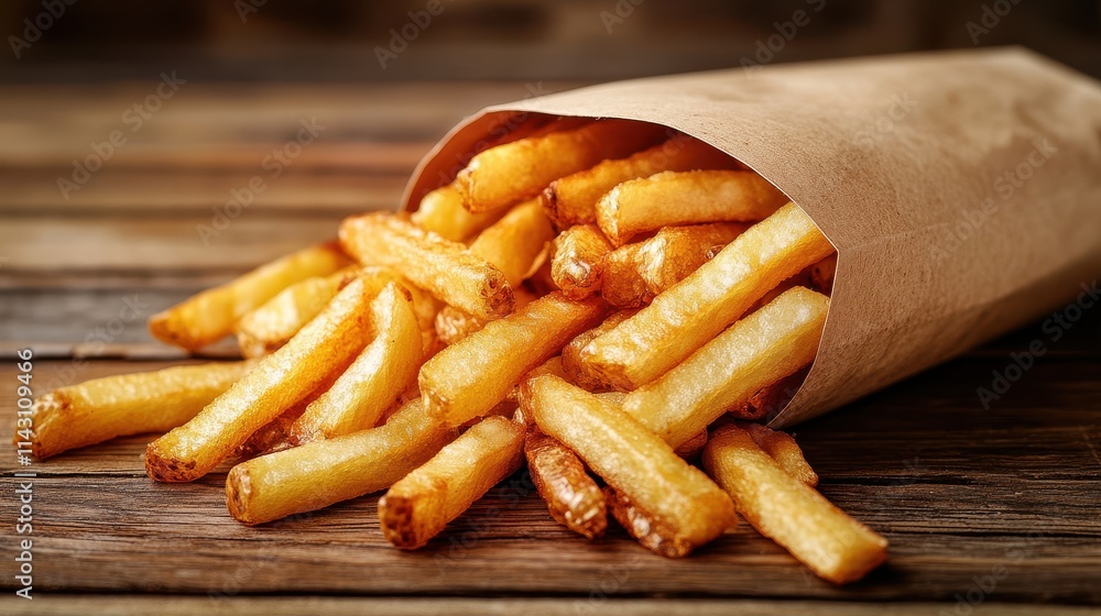 Fries spilling out of paper bag onto wooden table Fries spilling out of paper bag onto wooden table