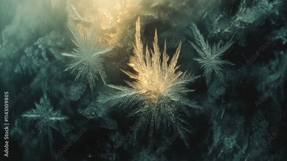Frost forming star-like shapes on cold, foggy glass Frost forming star-like shapes on cold, foggy glass