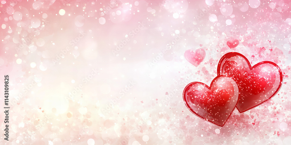 Valentine's Day background with glittering red hearts, soft pink bokeh lights, and sparkling elements perfect for romantic celebrations, love-themed cards, wedding designs, and February holiday projec Valentine's Day background with glittering red hearts, soft pink bokeh lights, and sparkling elements perfect for romantic celebrations, love-themed cards, wedding designs, and February holiday projec