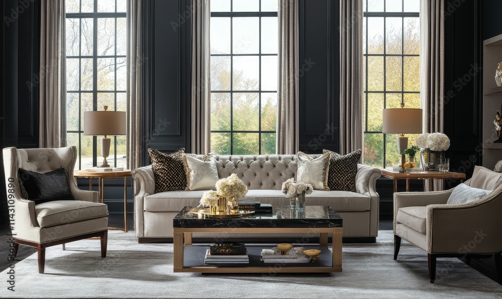 Elegant living room, neutral tones, tufted sofa, large windows. Elegant living room, neutral tones, tufted sofa, large windows.