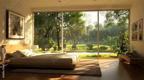 Sunlit bedroom with large window overlooking lush green landscape.