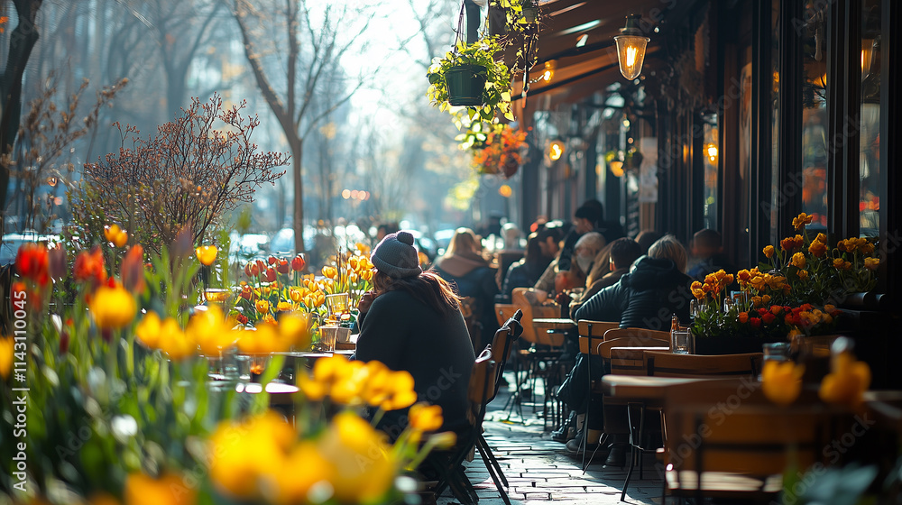 Naklejka premium Cozy cafe outdoor seating filled with vibrant flowers and patrons enjoying a sunny day