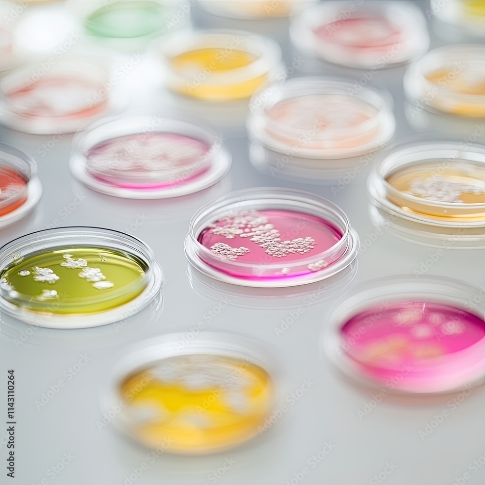 Petri dishes with various samples arranged neatly on a clean surface, captured with detailed and vibrant focus, highlighting precision and organization in a professional laboratory setting Petri dishes with various samples arranged neatly on a clean surface, captured with detailed and vibrant focus, highlighting precision and organization in a professional laboratory setting