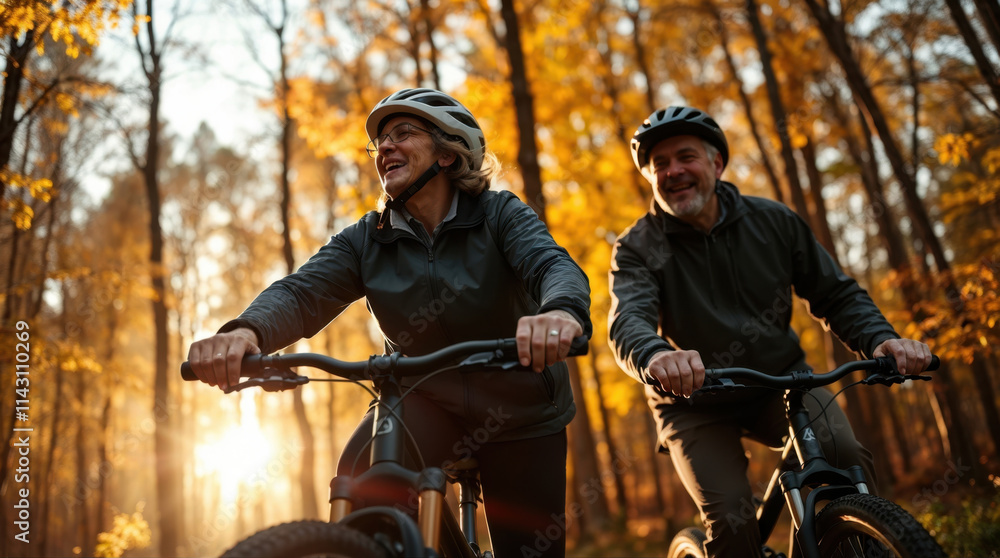 Elderly couple, laughing while riding bicycles in a forest. Elderly couple, laughing while riding bicycles in a forest.