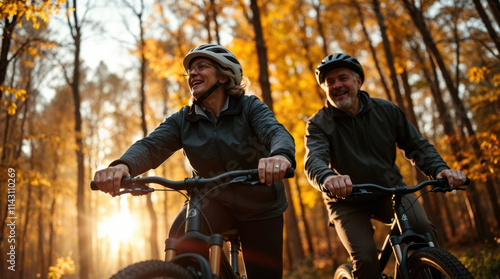 Elderly couple, laughing while riding bicycles in a forest.