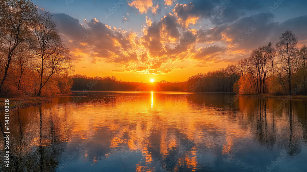 Golden hues of the setting sun illuminate a tranquil lake surrounded by trees Golden hues of the setting sun illuminate a tranquil lake surrounded by trees