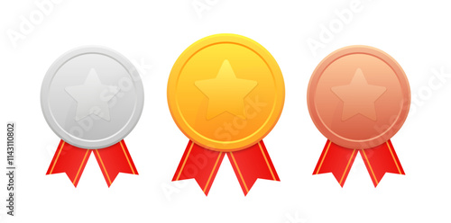 Gold, silver, bronze medals set with star shape and red ribbon. Badge with first, second, third placement achievement. Winner Prize. Competition trophy