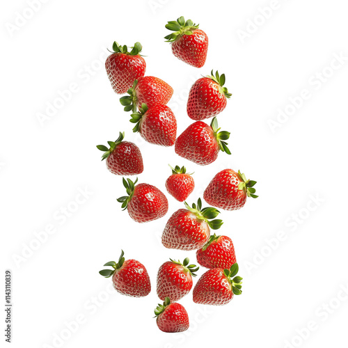 A cascade of fresh strawberries falling gracefully through the air isolated on a transparent background