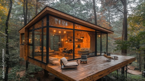 Glass cabin in the heart of the forest.
