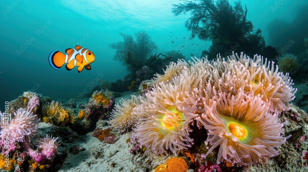Fototapeta premium Clownfish near vibrant sea anemone in ocean.