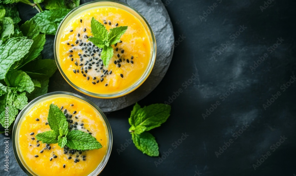 A mango and passionfruit panna cotta, with a bright yellow hue and fresh mint on top. A mango and passionfruit panna cotta, with a bright yellow hue and fresh mint on top.