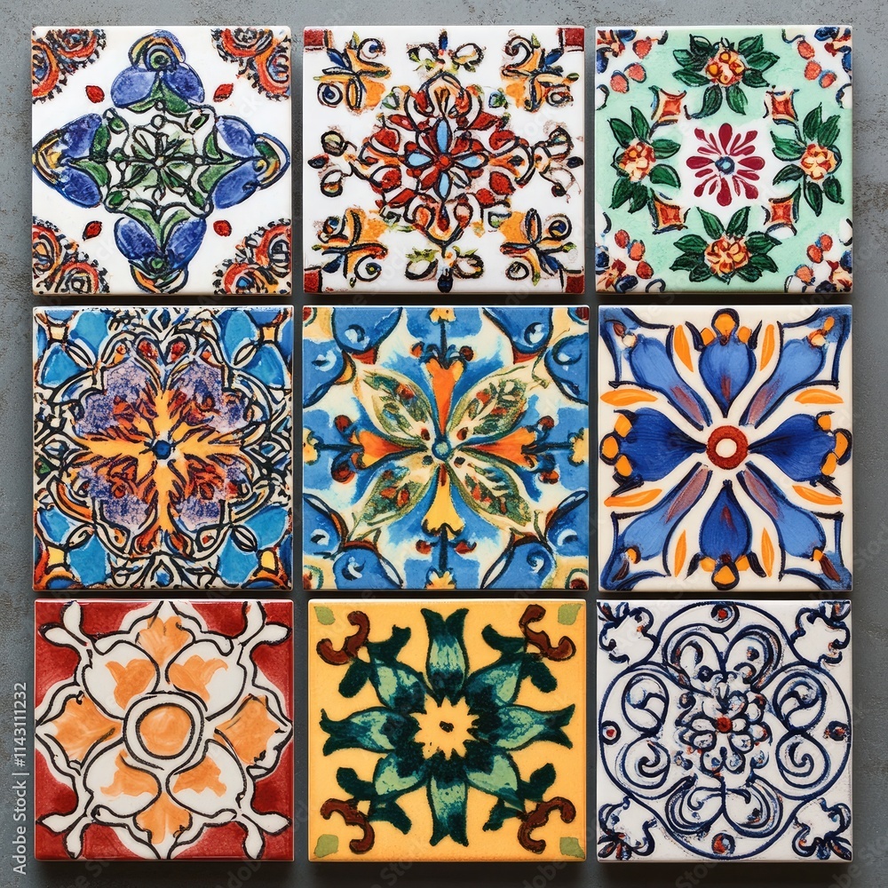 A close-up of vibrant ceramic tiles arranged in traditional Middle Eastern patterns, showcasing sharp details and rich colors A close-up of vibrant ceramic tiles arranged in traditional Middle Eastern patterns, showcasing sharp details and rich colors