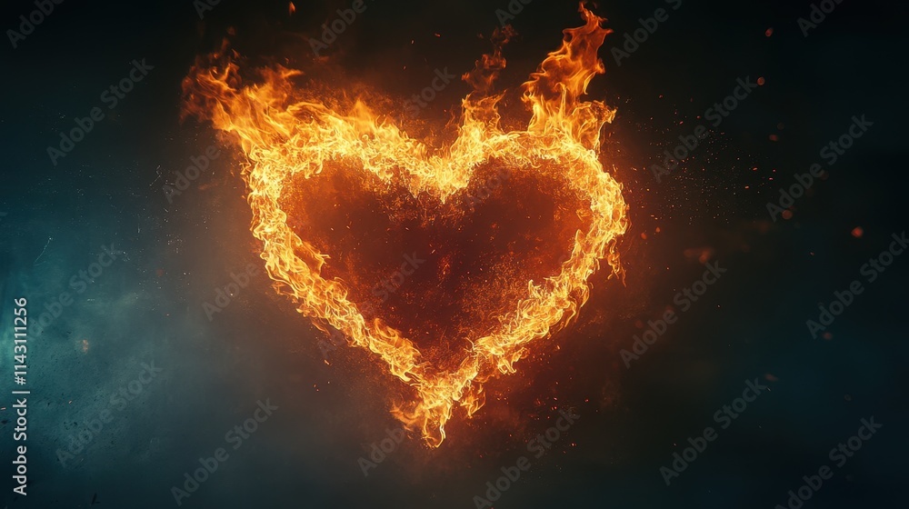 Glowing heart shape made of flames against a dark background, radiating warmth and passion Glowing heart shape made of flames against a dark background, radiating warmth and passion