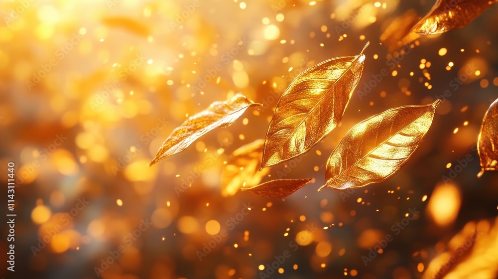 Gold leaf gently floating in the wind, with sunlight creating a warm glimmer Gold leaf gently floating in the wind, with sunlight creating a warm glimmer