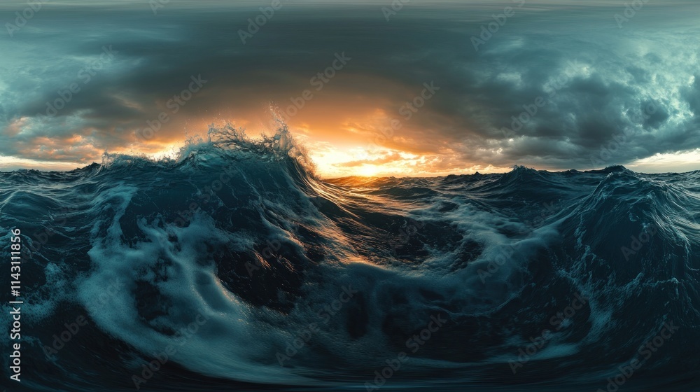 Fototapeta premium Dramatic 360? ocean waves at sunset, dark stormy clouds.