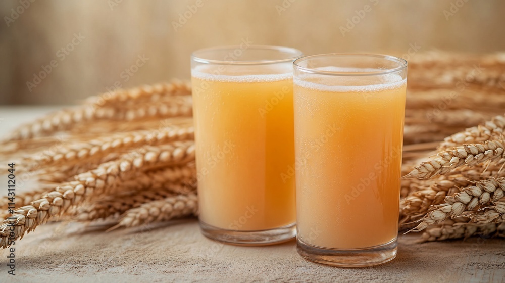 Two glasses of light-amber barley juice with wheat stalks. Two glasses of light-amber barley juice with wheat stalks.