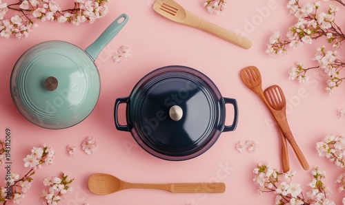 A series of pots and pans in the colors dark blue, antique pink and gray. Around few flowers in the same colors as the pots and wooden cooking utensils on a pink background photo