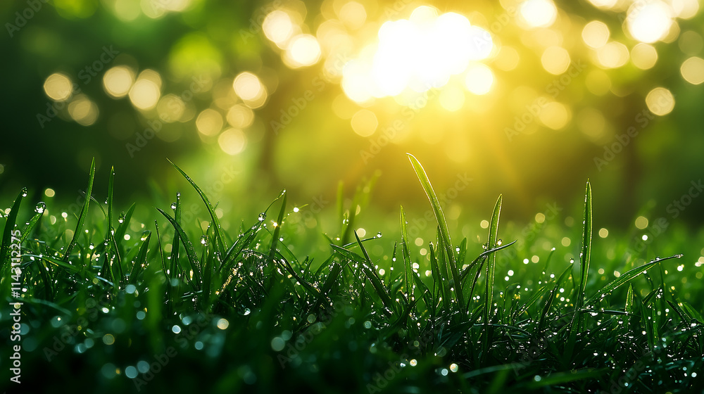 Obraz premium Morning dew glistens on vibrant grass blades during early sunrise in a lush garden
