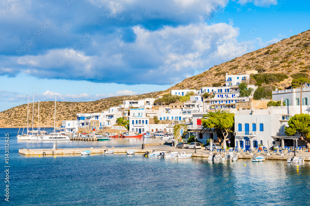 Beach view and houses in Katapola port, Amorgos island, Cyclades, Greece