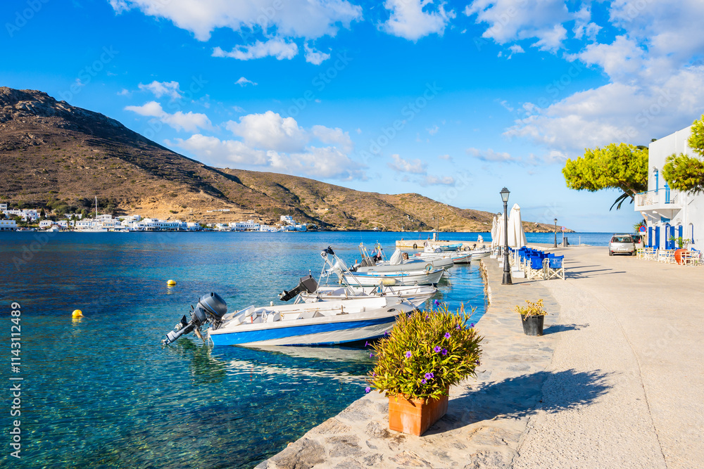 Boats anchoring in Katapola port, Amorgos island, Cyclades, Greece