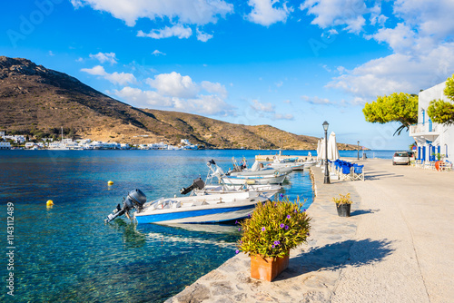 Boats anchoring in Katapola port, Amorgos island, Cyclades, Greece