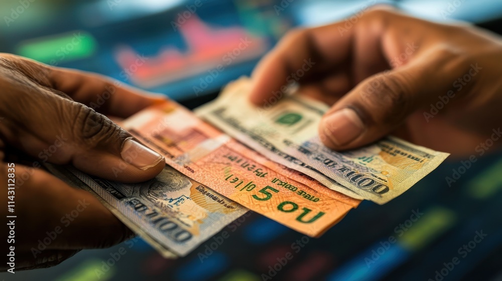 Hands exchanging different currency notes with data graphs in background Hands exchanging different currency notes with data graphs in background