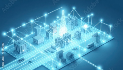 Connected urban grid shows smart city infrastructure. IoT devices monitor energy, resources. Buildings, vehicles linked to network. Modern tech, eco-friendly design highlighted. Urban planning, photo