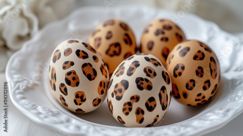 Photo of festive Easter eggs painted in leopard print, lying on a white plate